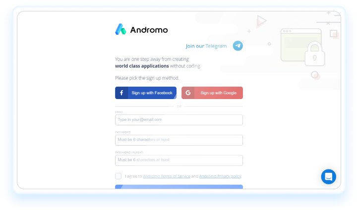 Registrarse Andromo crear aplicaciones móviles